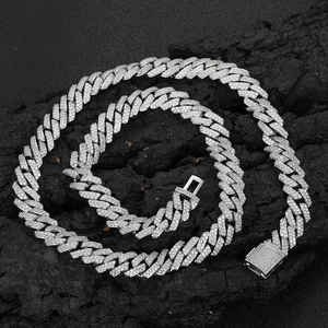 Ensemble collier et bracelet cubains argentés avec pavage de zircons à double rangée