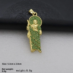 Detailed view of Saint Jude pendant with green rhinestones, size 5.3cm x 2.0cm and weight 8.0g