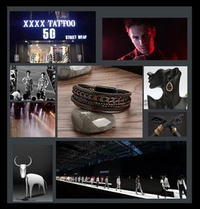Detailed collage of multilayer woven leather bracelet with magnetic steel clasp