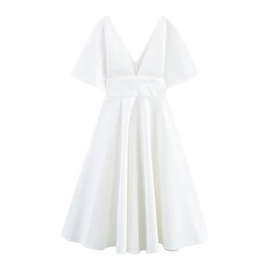 White deep V-neck midi dress with a high-waisted A-line silhouette and button details