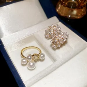 Vintage French Faux Artificial Pearl Zircon Jewelry Hoop Earrings And Open Ring With Silver Earring Post For Women