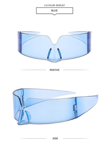 Close-up of royal blue futuristic one-piece shield sunglasses showing front and side views