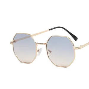 Fashionable octagonal metal frame sunglasses with purple gradient lenses for women