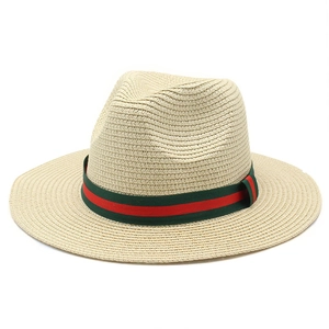 Chapeau Panama classique en paille pour femme avec ruban rayé rouge et vert