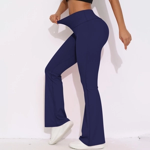 Detail showing the high elasticity and stretchy waistband of navy high-waisted yoga pants
