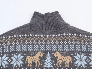 Detail of grey Fair Isle knit sweater showing high neck ribbing and jacquard pattern