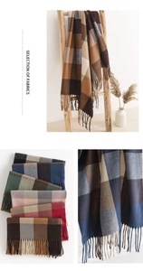 Close-up of soft plaid scarves with tassels in multiple colors and premium texture