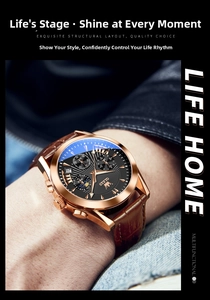 Detail of OLEVS quartz watch featuring moon phase dial and brown leather strap texture