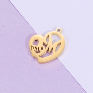 Polished gold stainless steel heart pendant with mom engraving for DIY jewelry making