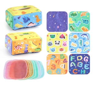 Baby tissue box toy set with dinosaur and sea themes for sensory and cognitive development