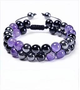 Detail of 8mm amethyst and hematite double-layer woven bracelet with adjustable cord
