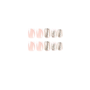 Unghie finte French bianche e glitter argento con base rosa tenue, set da 10 pezzi