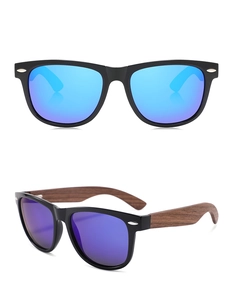 Macro detail of classic oval sunglasses with purple mirrored lenses and wooden arms
