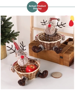 Close-up of reindeer Christmas candy baskets with woven texture and plush details