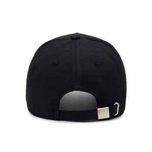 Adjustable black cotton baseball cap with metal buckle and embroidered side detail