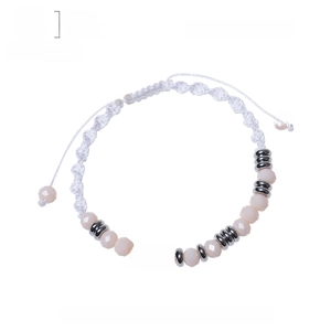Bohemian woven bracelet with 6mm pink crystal beads and Morse Code design on a card