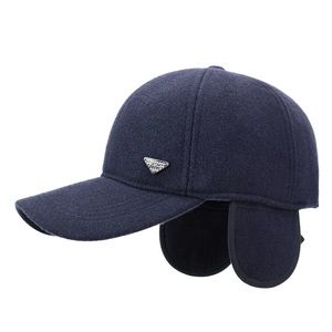 Navy blue winter baseball cap with ear flaps and wool texture for cold protection