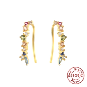 Rainbow Cubic Zirconia Ear Climber Earrings With 925 Sterling Silver Earring Post Geometric Curved Jewelry For Women