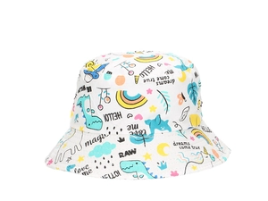 Detail of white cotton toddler sun hat featuring colorful cartoon dinosaur and unicorn patterns