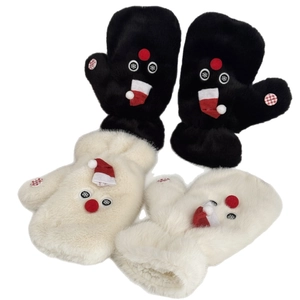 Winter plush mittens in black and white with red-nosed snowman cartoon design