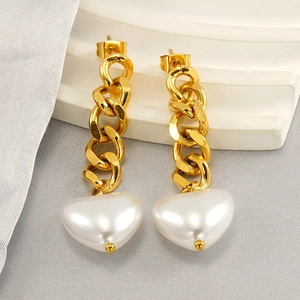18K gold plated stainless steel chain earrings with white heart charms and studs