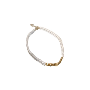 Elegant pearl and gold geometric block choker necklace with adjustable lobster clasp