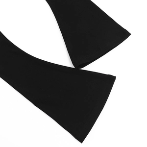 Close-up of black flare sleeve cuff detailing with refined stitching and knit texture