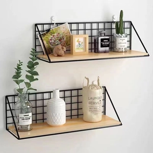 Nordic Wall Mounted Floating Shelves Iron Grid Metal Wire Storage Rack Wood Base Industrial Home Decoration Organizer