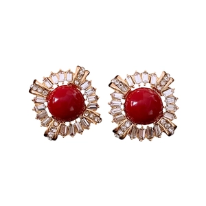 Vintage red zircon round earrings with gold plating and crystal halo for women