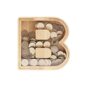 Creative letter B wooden piggy bank with clear acrylic panel and visible coins