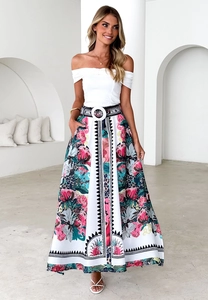Detail of high waist floral maxi skirt with white off-shoulder top and buckle belt
