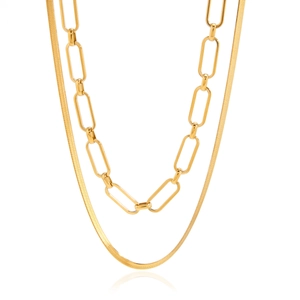 Golden layered necklace set with a flat herringbone chain and a classic paperclip link chain