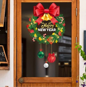 Detailed Christmas wreath window sticker with gold bells and Happy New Year text