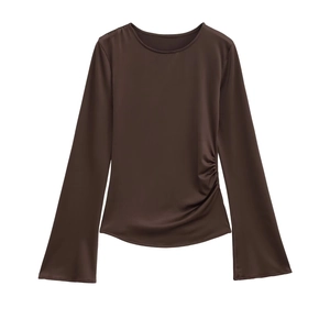 Dark brown long sleeve t-shirt with crew neck and side pleated details on white background