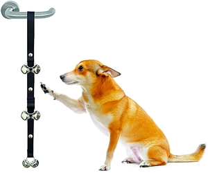 Adjustable black nylon training bell rope for dogs with silver bells hanging on door handle