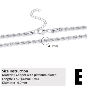 Detail of 4mm silver rope chain in platinum plated copper with sizing and lobster clasp