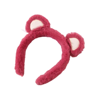 Cute pink plush strawberry bear ear headband for face washing and makeup styling
