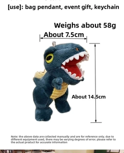 Detailed size view of a 14.5cm cute dark blue plush dinosaur keychain accessory