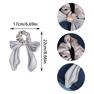 Silver-grey satin scrunchie with long ribbon and pearl detail, size 17cm by 22cm