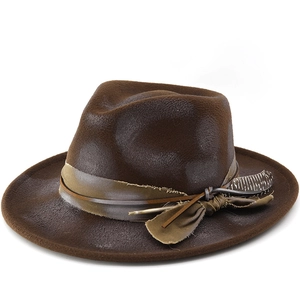 Classic dark brown fedora hat with felt texture, featuring decorative feather and ribbon band