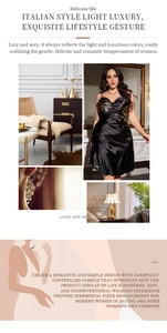 Detail of black silk satin nightdress featuring gold floral embroidery and V-neckline