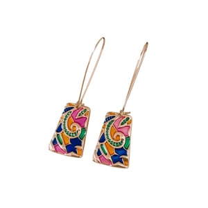 Vintage style drop earrings with colorful geometric enamel trapezoid charms in gold finish