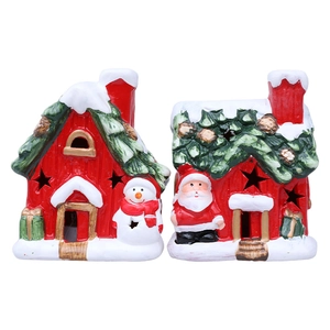 Set of two red ceramic Christmas house ornaments with Santa and snowman figurines