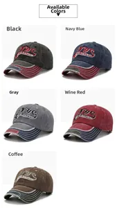 Detailed look at distressed baseball caps with NYC embroidery and contrast stitching