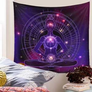 Detailed view of meditation tapestry with starry sky and female silhouette in bedroom
