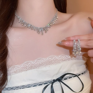 Macro shot of silver tassel necklace and drop earrings with sparkling rhinestones