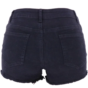 Back view of high-waisted denim shorts in dark blue with frayed hem and rear pockets