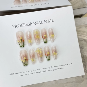 Hand-painted tulip press-on nails with 3D floral accents and silver glitter lines