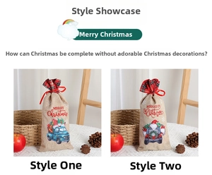 Detailed view of linen Christmas gift bags with plaid trim and festive truck illustrations