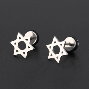 Minimalist silver stainless steel hexagram stud earrings for men and women on black background